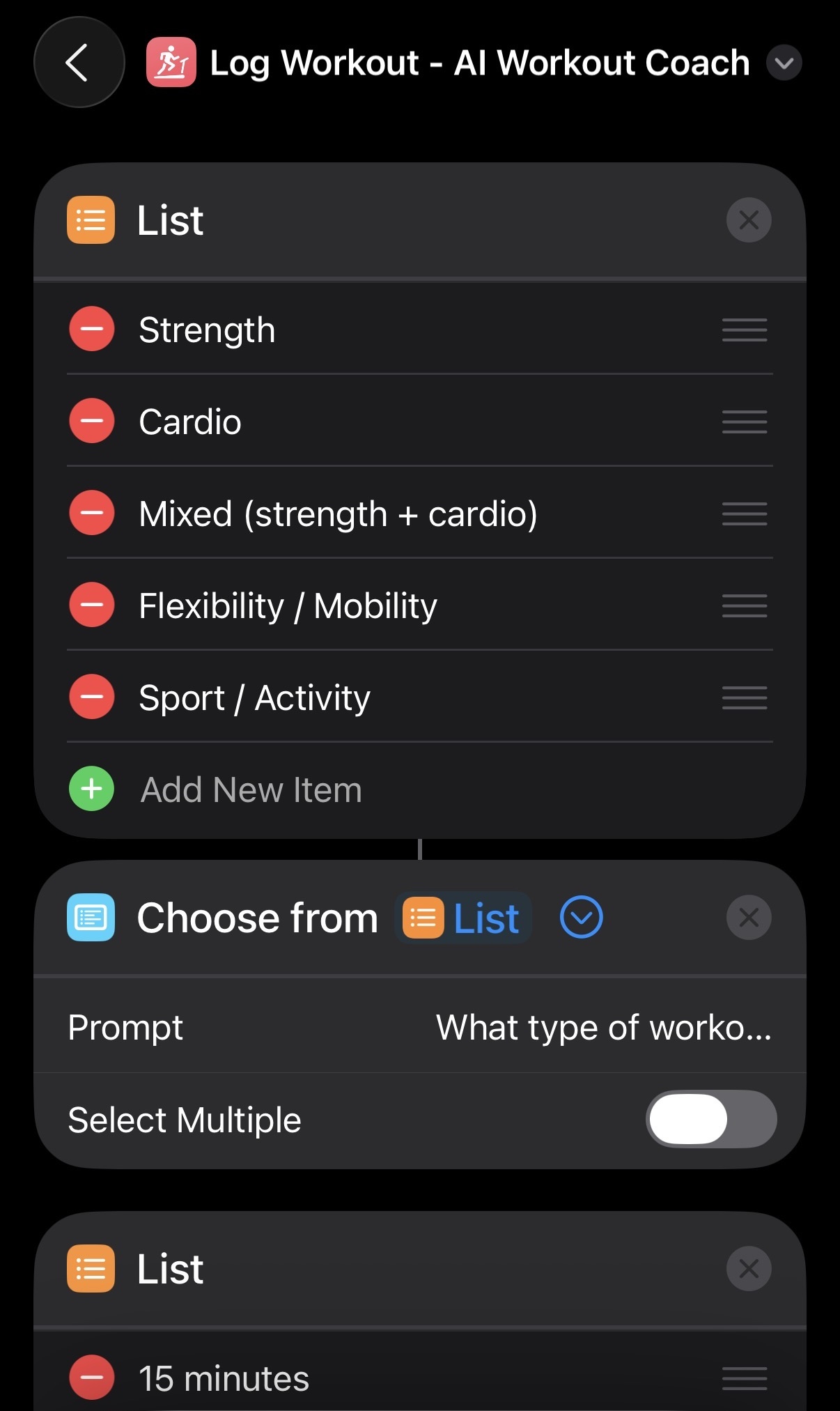 Log Workout Shortcut