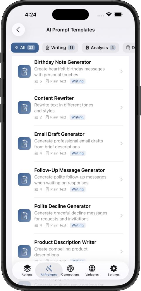 AI Prompt Templates showing Writing category with various generators 