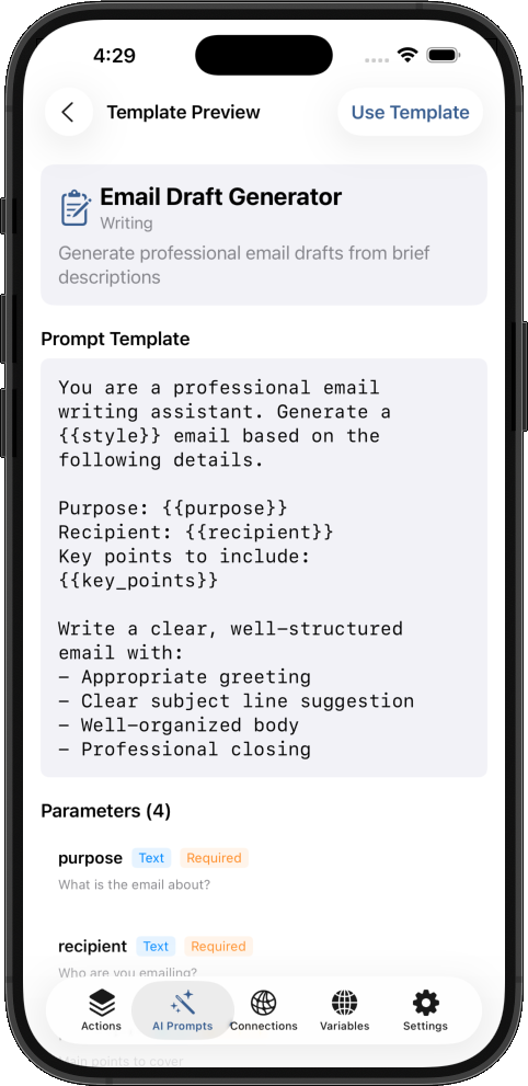 Template Preview showing Email Draft Generator with prompt and parameters 