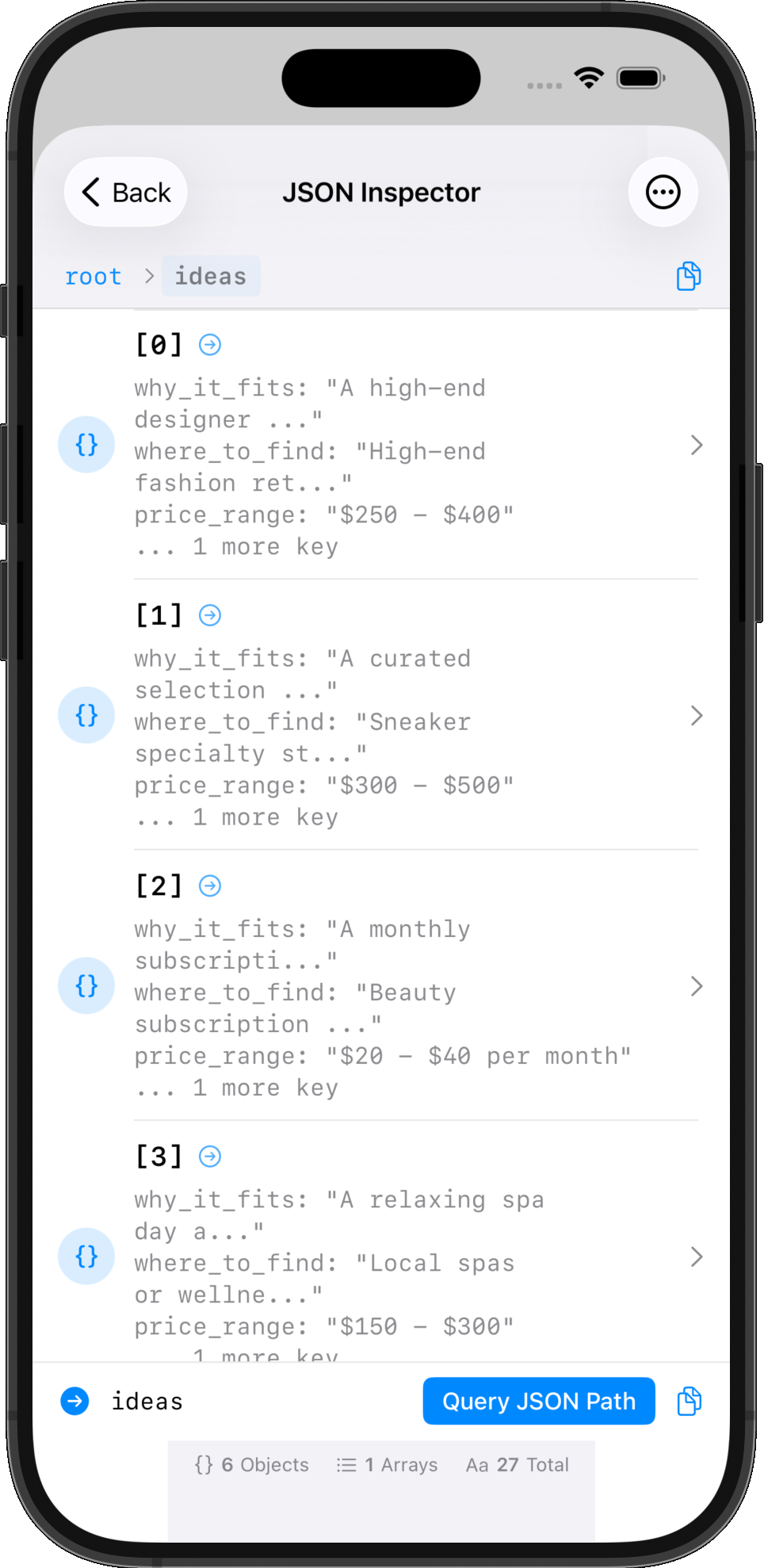 JSON Inspector showing array of items 
