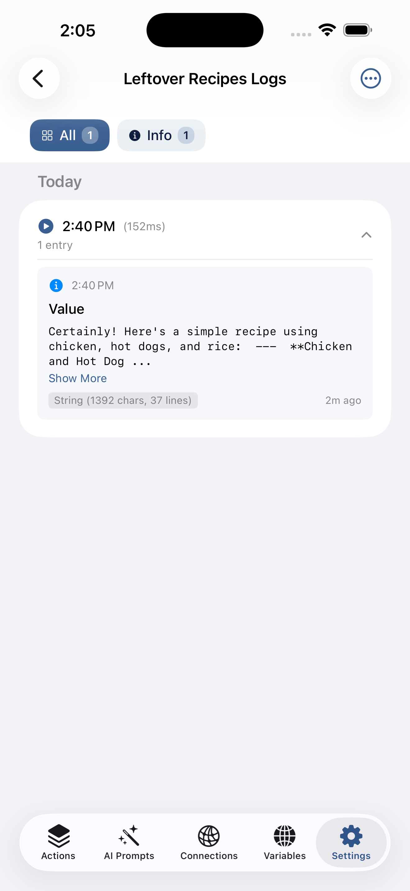Log detail view showing entries with color-coded severity levels and metadata