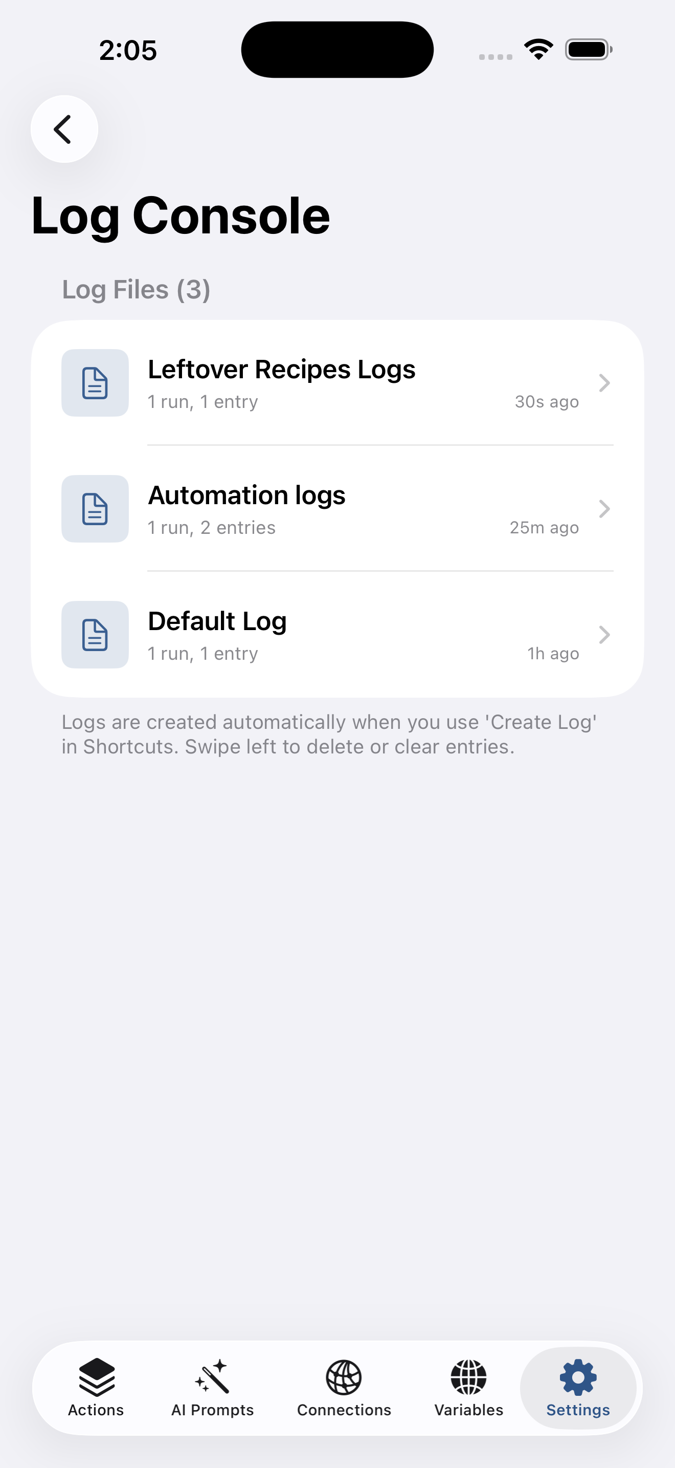iPhone showing Log Console with log entries and debugging information