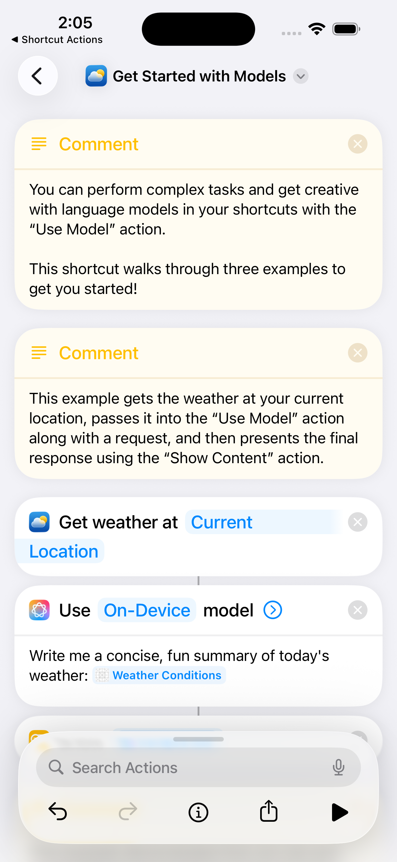 iPhone showing the Use Model action in Apple Shortcuts with Apple Intelligence
