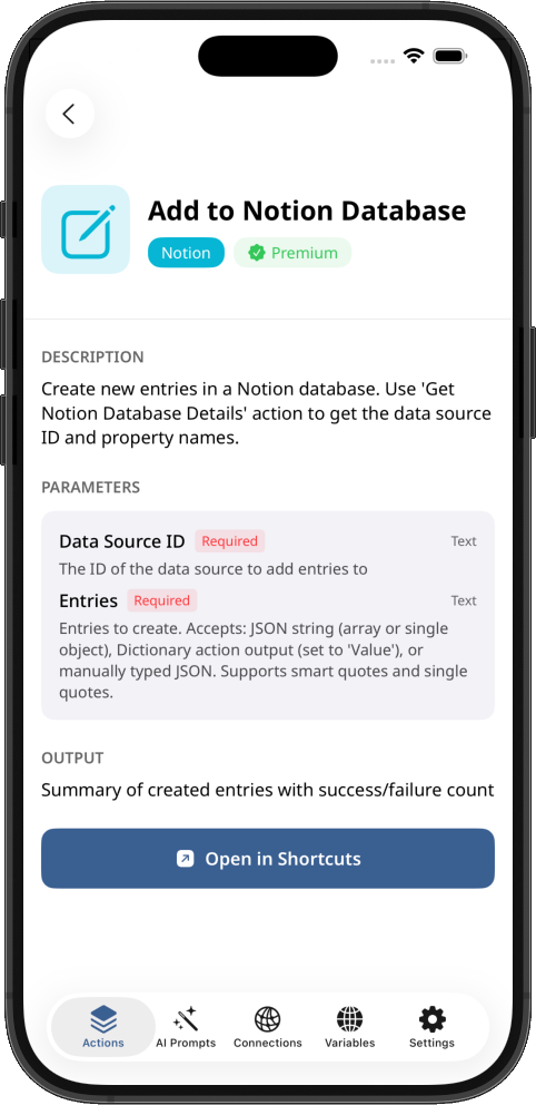 Showing Add New Entry to Notion Database action for Shortcuts