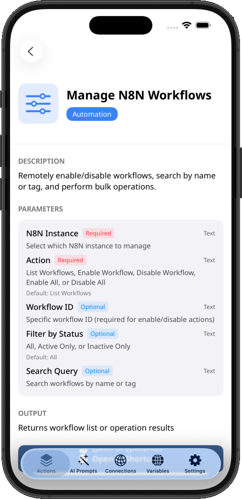 Showing Manage N8N Workflows action for Shortcuts
