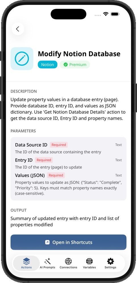 Showing Modify Notion Database action for Shortcuts