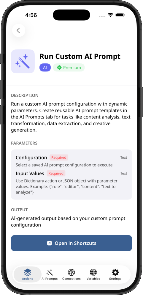 Showing run custom AI prompt action for Shortcuts