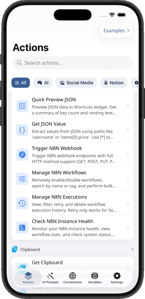 app showing n8n actions for Shortcuts