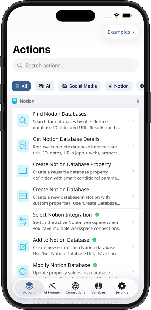 app showing notion actions for Shortcuts