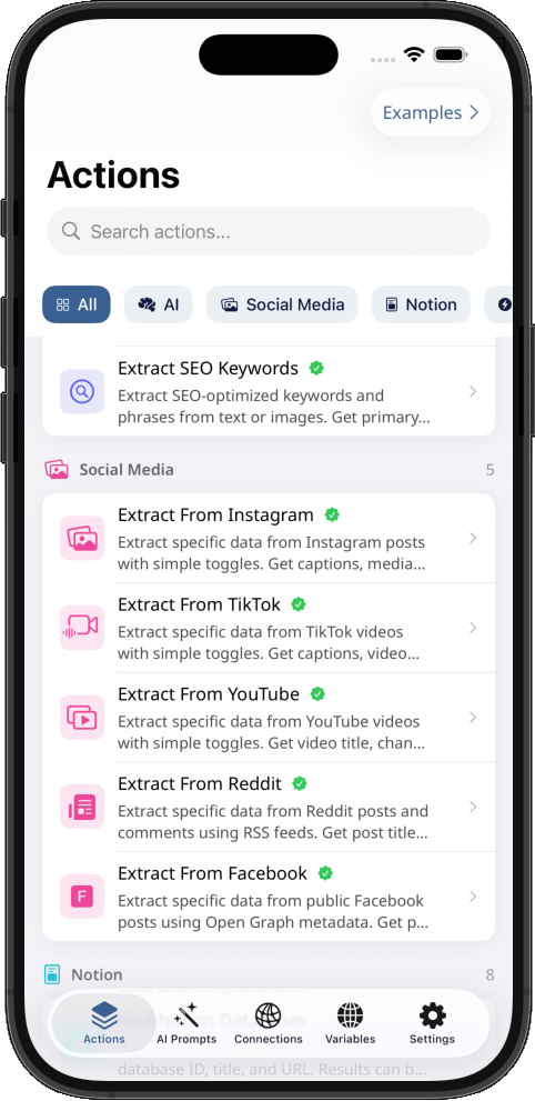 app showing social media actions for Shortcuts