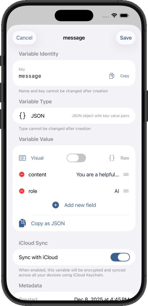 Add variable screen with for JSON value using mobile-friendly UI