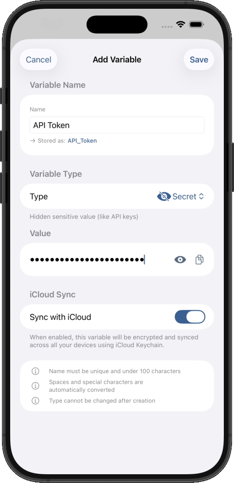 Add variable screen with for secret text like password and authentication tokens or keys