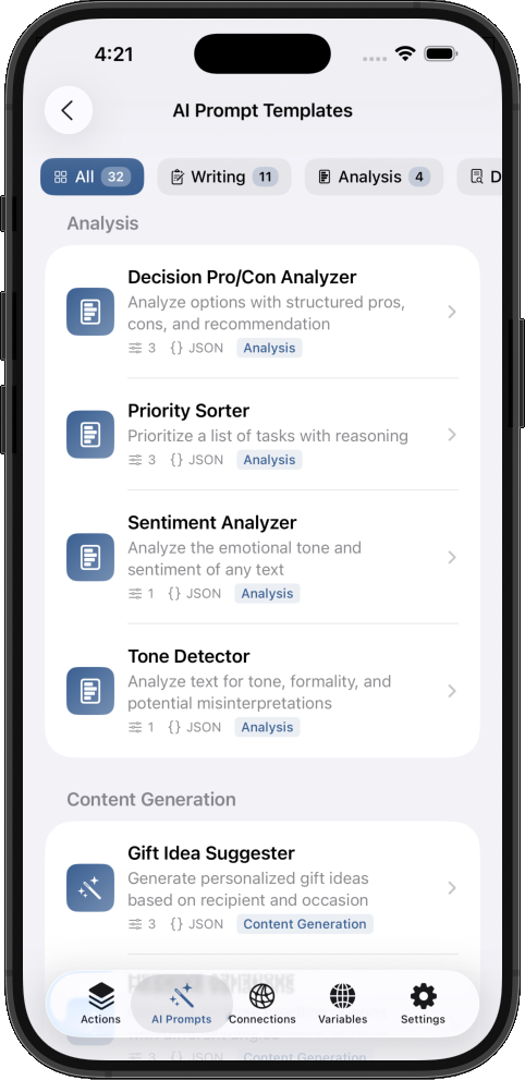 Showing AI prompt templates for analysis