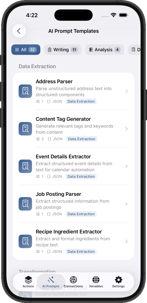 Showing AI prompt templates for data extraction