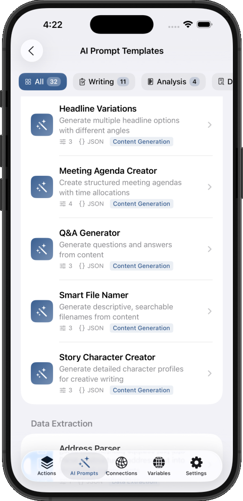 Showing AI prompt templates for content generation