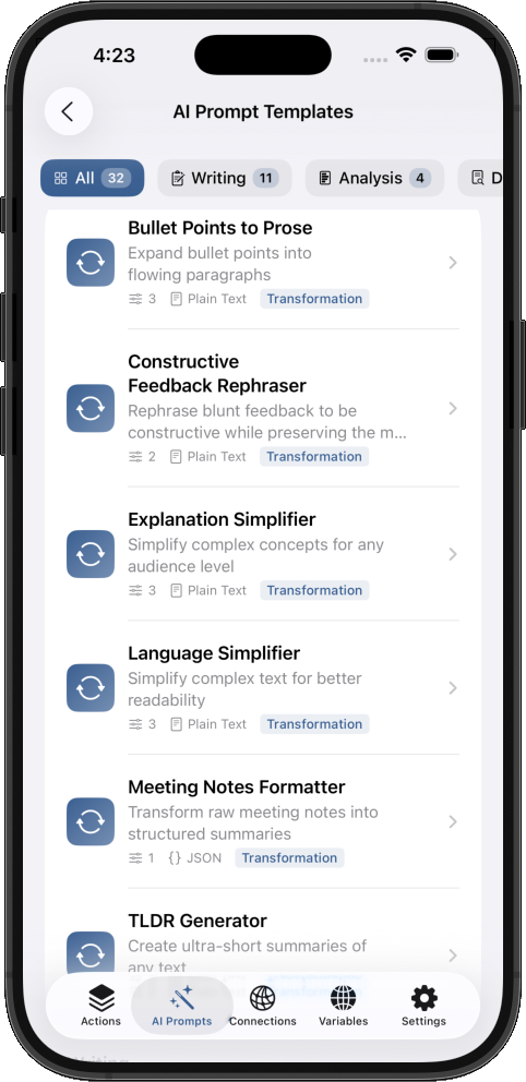 AI Prompt Templates showing Transformation category