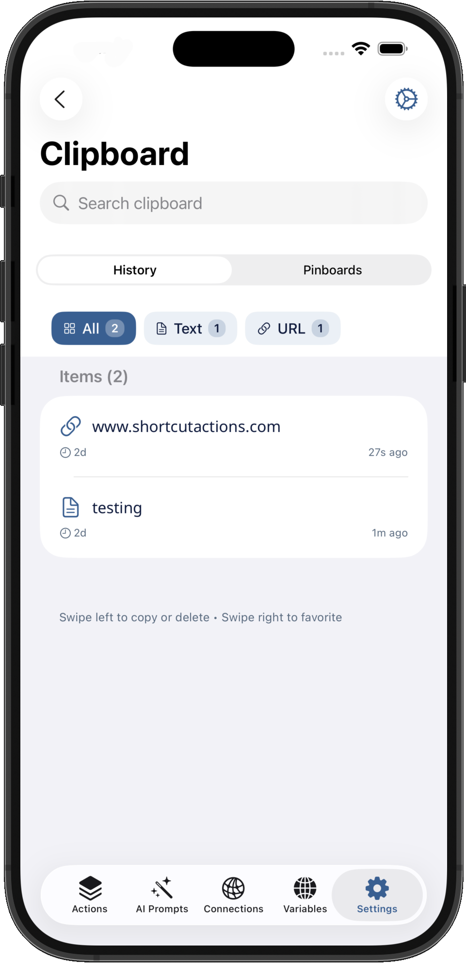 Clipboard history with smart organization and filtering