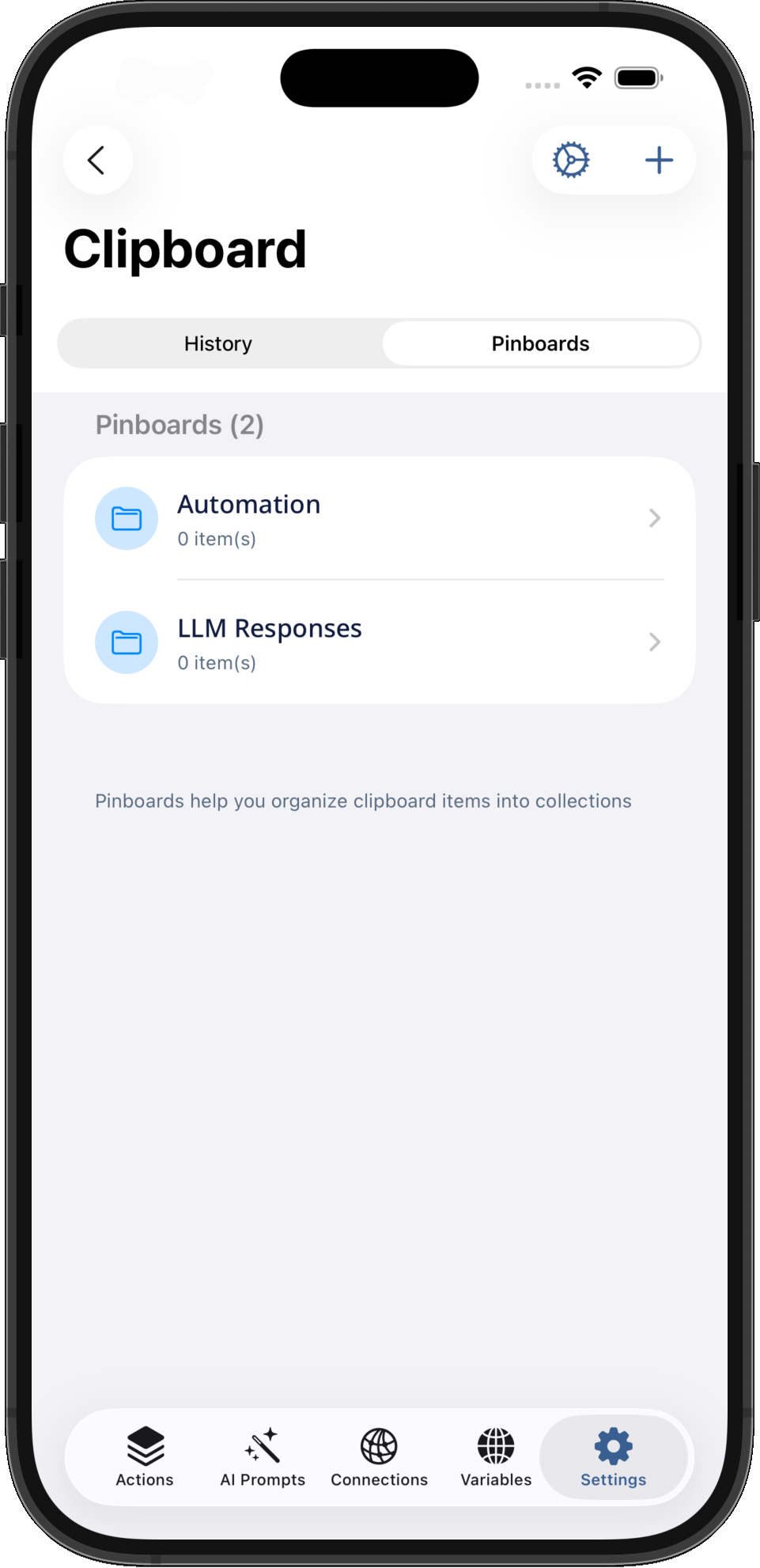 Clipboard pinboard manager with custom icons and colors