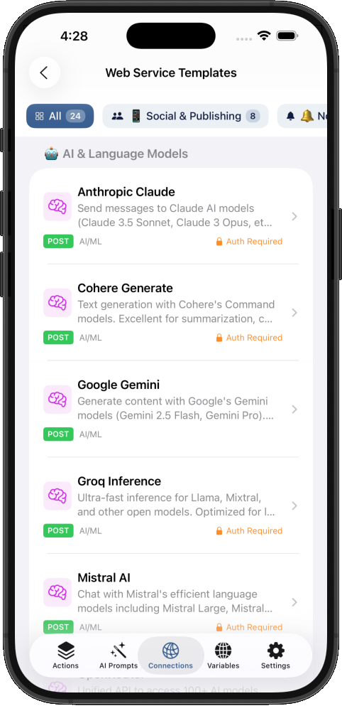 Showing pre-configured web connectors to top AI LLM models