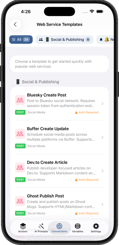 Showing pre-configured web connectors for social media