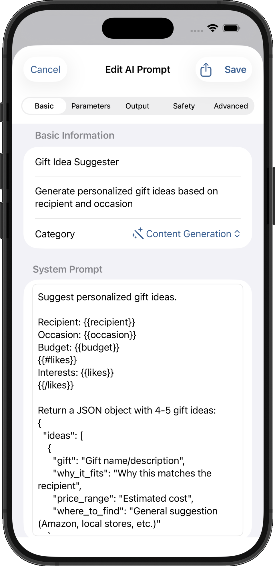 AI prompts manager showing edit system prompt using template variables