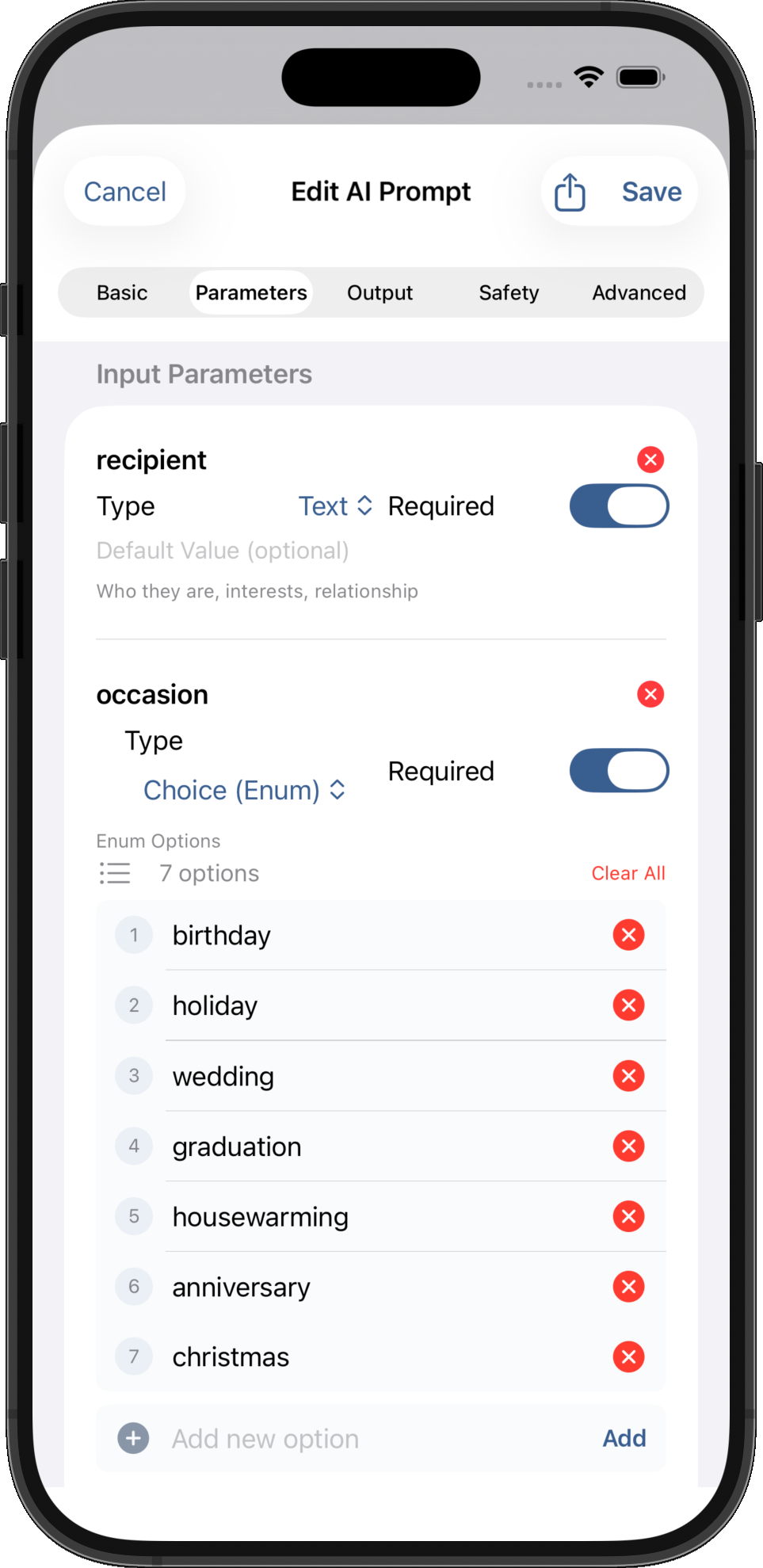 AI prompt editor with advanced mobile-friendly parameters UI