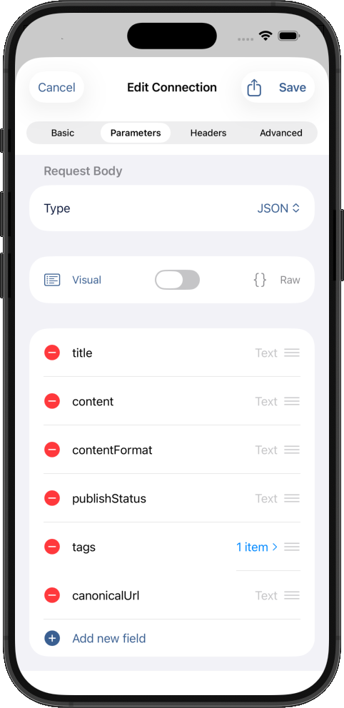 Showing edit connection parameters using mobile-friendly UI for creating medium post
