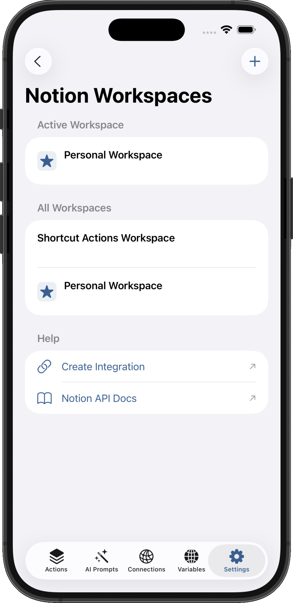 Notion workspaces integration for shortcuts