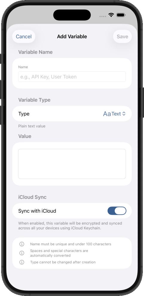 Add new global variable screen with support types like text, number, password, list and JSON