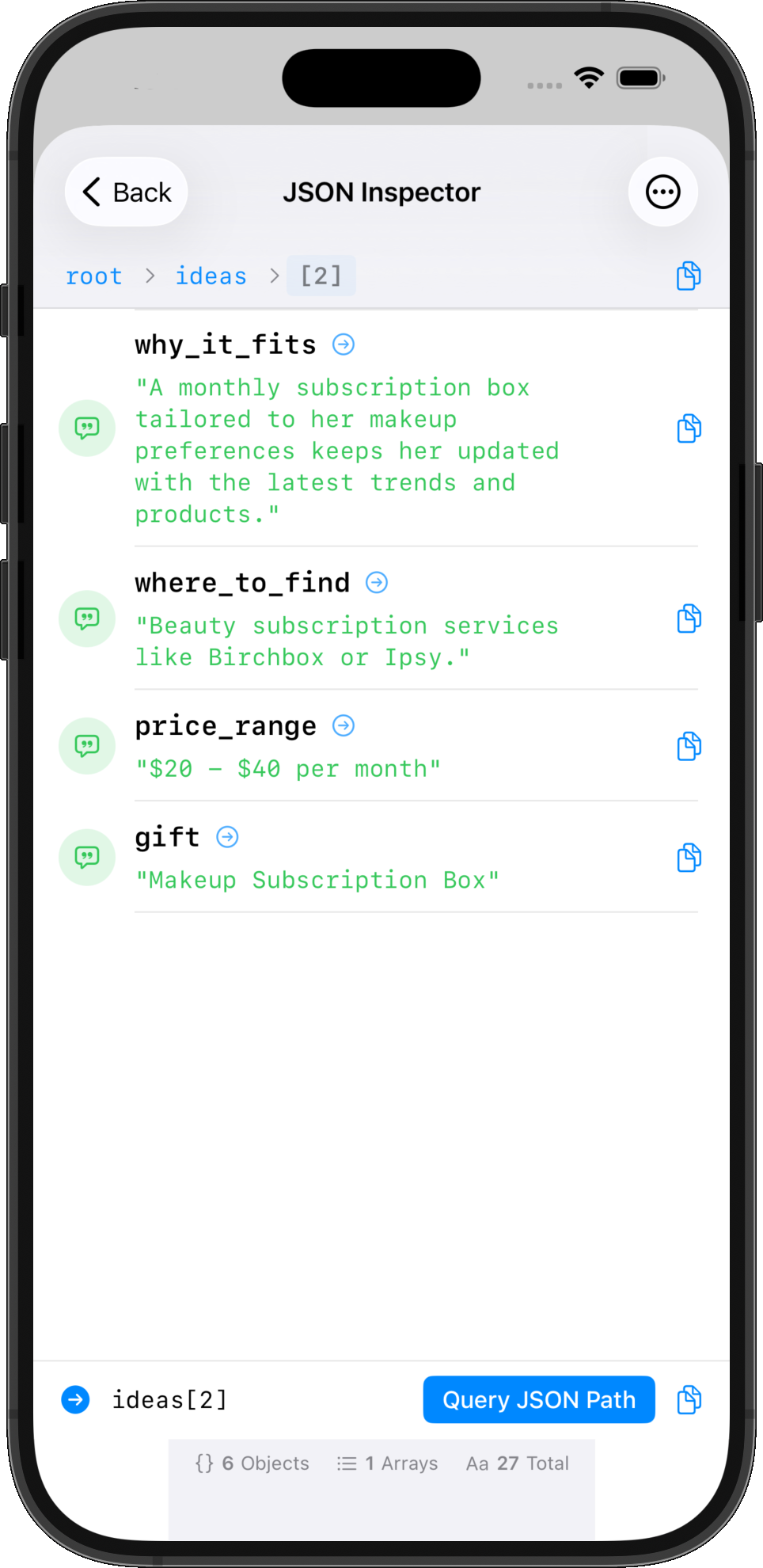JSON inspector UI showing object properties and values